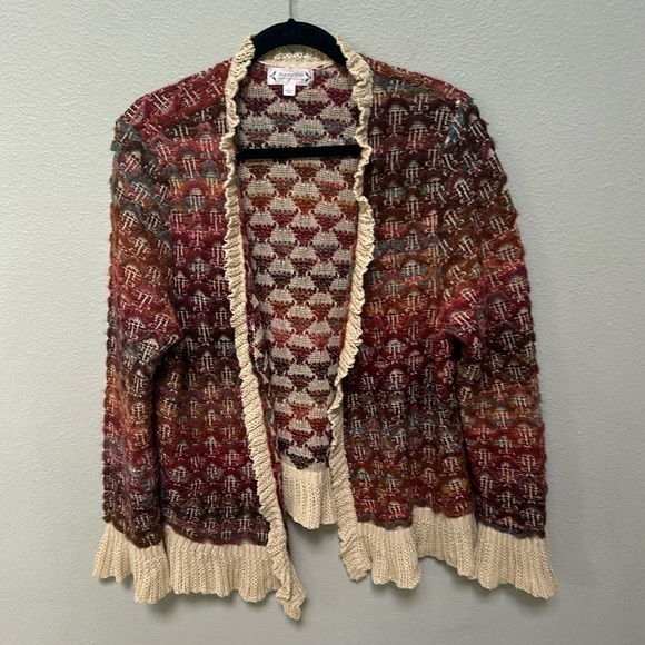 Nanette Lepore Red Boho Wool Blend knit open front ruffle cardigan sweater, XL - Picture 1 of 7